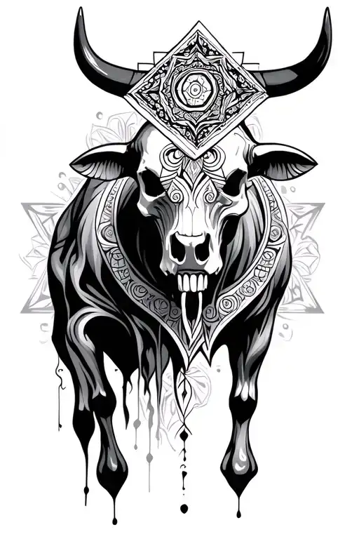 skull bull and geometric mandala design incorporating elements tattoo design idea