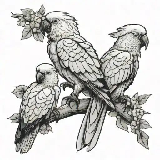 3 stencil outline cockatoos sitting on a branch tattoo design idea