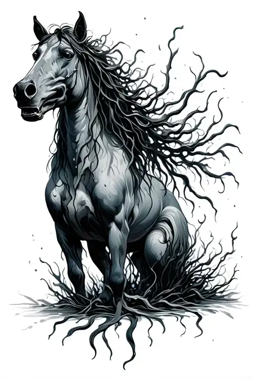 kelpie decaying horse with seaweed and kelp as hair, top half of the body with front legs neighing forward tattoo design idea