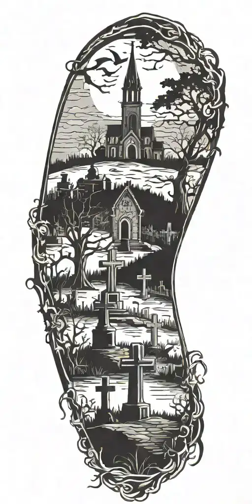 A hauntingly beautiful tattoo of a graveyard at night, with tombstones and eerie figures emerging from the shadows, incorporating elements of blood and gore tattoo design idea