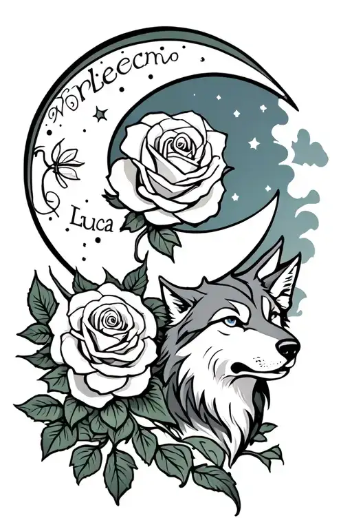 Daughters name is Luca. I want a rose a moon and a howling wolf tattoo design idea