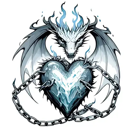 frozen heart bound by chains guarded by a dragon breathing fire tattoo design idea