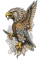 Hawk and its wings wrapped around roaring lion tattoo design idea