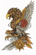 Hawk and its wings wrapped around roaring lion tattoo design idea