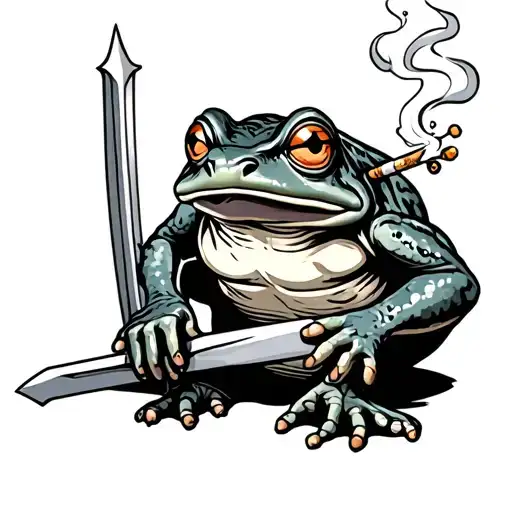 sad frog holding a sword, smoking a cigarette tattoo design idea