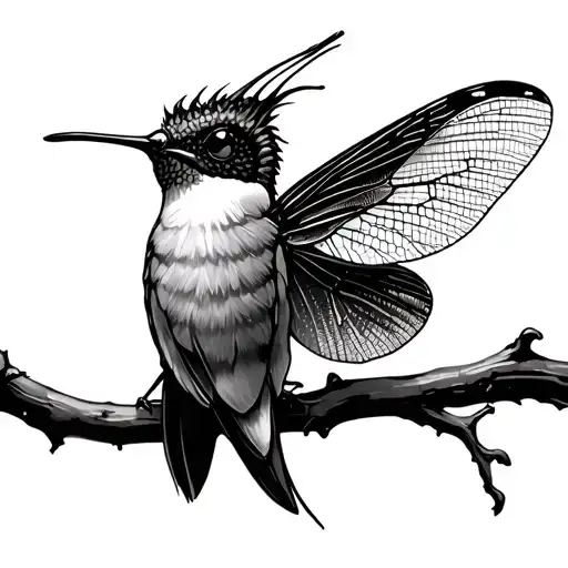DRAGON FLY BUTTERFLY HUMMING BIRD SITTING ON A BRANCH tattoo design idea