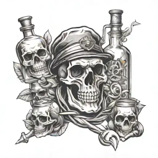 skull and rum bottles with anchor tattoo design idea