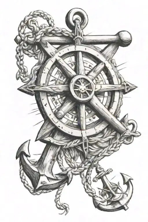 wheel and anchor cross, sextant surrounded tattoo design idea