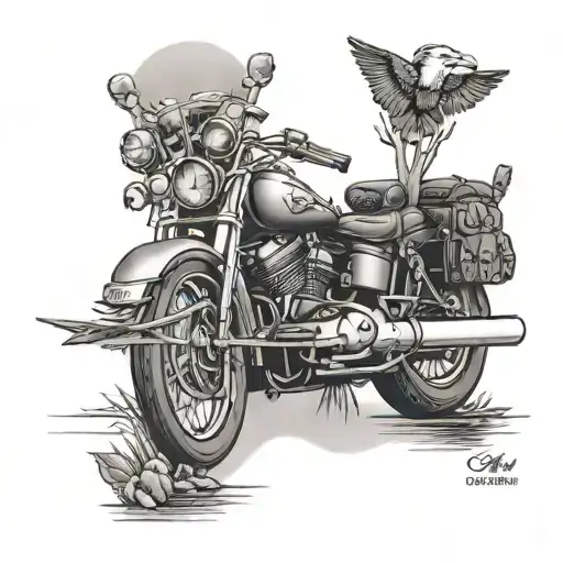 A black-grey tattoo showcasing the client's love for Harley motorcycles, fishing, hunting, and camping, with a special tribute to their grandchildren in the form of small portraits or symbols tattoo design idea