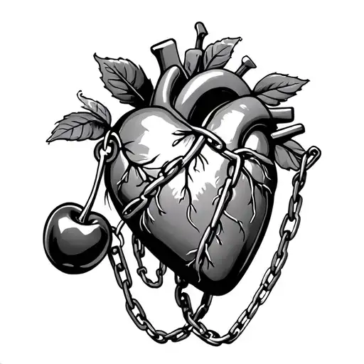 two cherries next to heart organ with chains wrapped around squeezing the middle tight tattoo design tattoo design idea