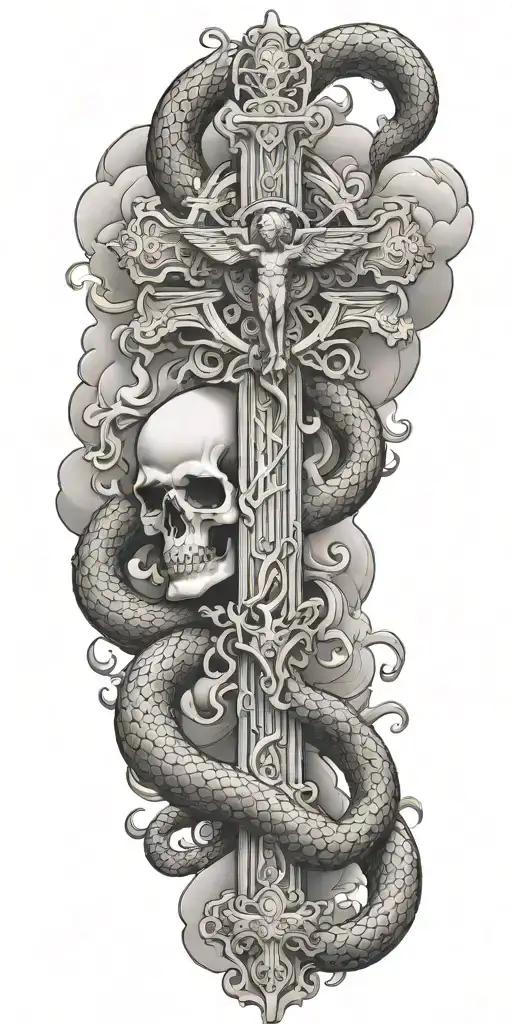 holy cross with snake and blood and angel and clouds  tattoo design idea