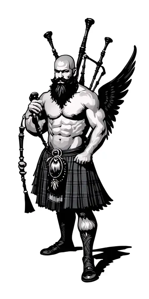 shirtless muscular bagpiper bald black beard  big black wings playing bagpipes in arm tattoo design idea