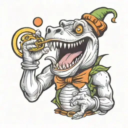 trex clown playing tambourines tattoo design idea