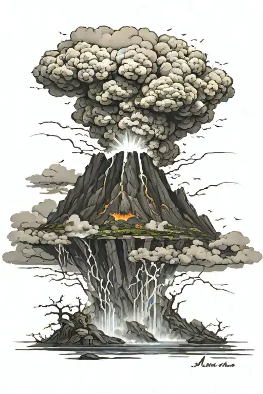 erupting vulcano with spilling lava, a thunderstorm above and a rough see at the bottom tattoo design idea