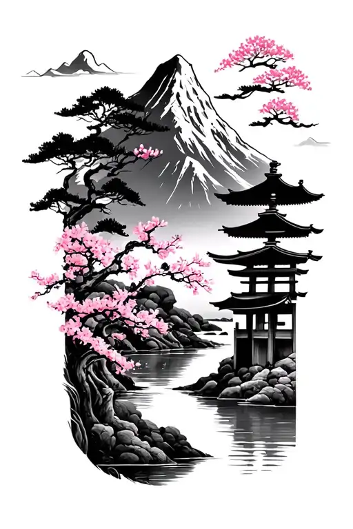 A mountain in the background with a river, sakura and a Japanese tori in the foreground tattoo design idea
