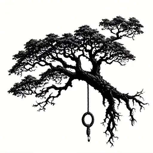 A  thin tree with root, noose hanging from branch representing a different family tattoo design idea