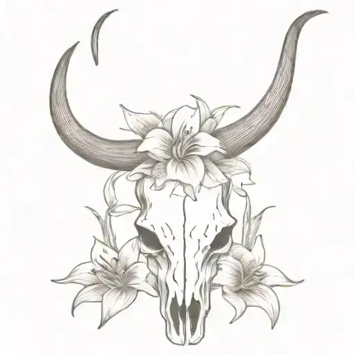 long horn bull skull with lily flowers blooming out of the skull tattoo design idea