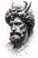 Portrait of Marcus Aurelius whose half a face dissolves into dust particles from which a demon head forms. tattoo design idea