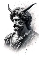 Portrait of Marcus Aurelius whose half a face dissolves into dust particles from which a demon head forms. tattoo design idea