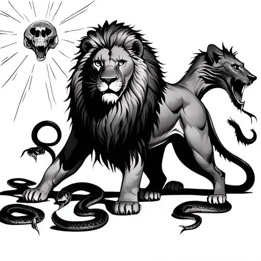 Wounded lion standing with dead snakes and hyenas around him with a glow coming from the sky tattoo design idea