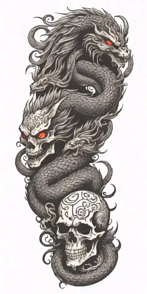 Chinese dragon and phoenix and skull and moon and raven tattoo design idea