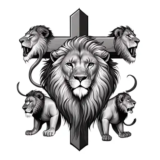 cross with 2 female lions and 4 male lions tattoo design idea