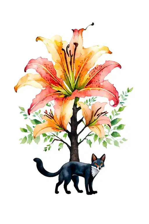a lily, a black panther, a fox and an oak tree. tattoo design idea