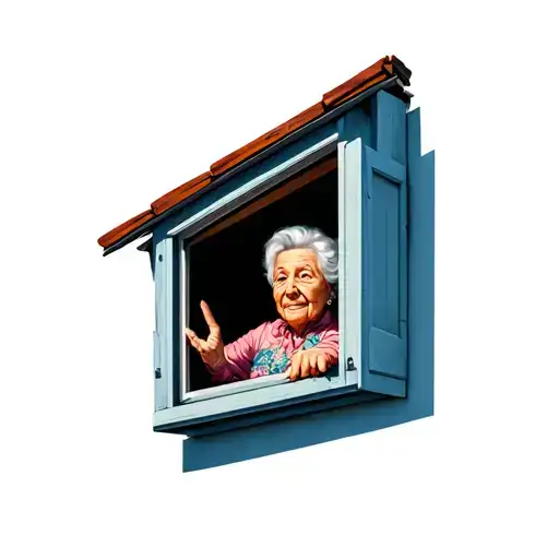 An e grandma that looks curiously from an oblique roof window, the roof window is open tattoo design idea