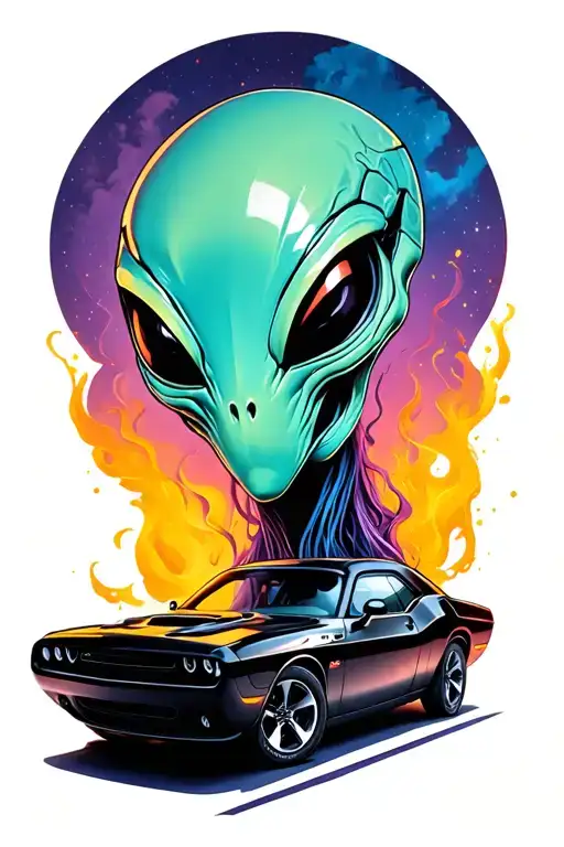 an alien drives a black dodge challenger car tattoo design idea