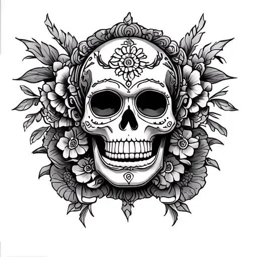 a half leg sleeve for the upper leg, showing a day of the dead skull on the ham and a thailand hanuman face on the quad tattoo design idea