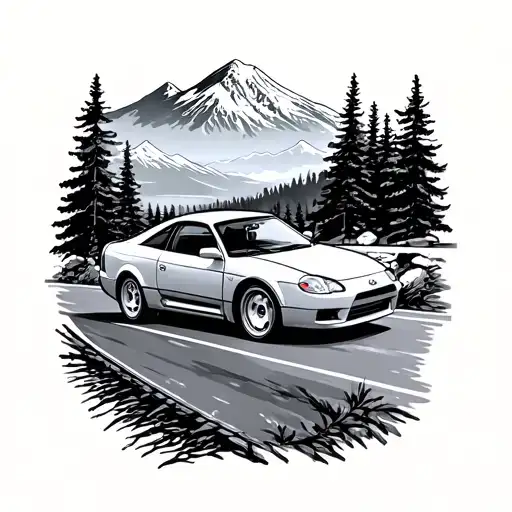 Toyota Celica 2004 on a road with forest and Mount Rainier background  tattoo design idea