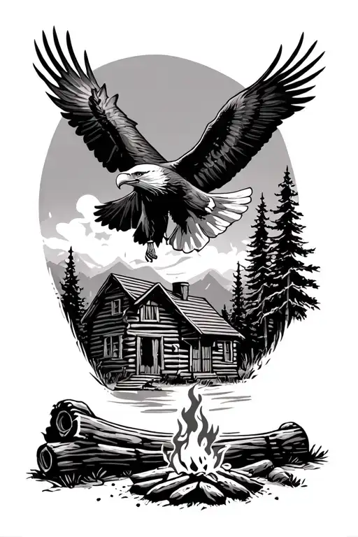 acoustic guitar around a campfire scene with a bald eagle soaring above a log cabin.  tattoo design idea