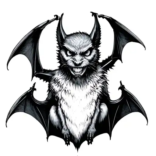 frontal symetrical bat with open wings and feral face tattoo design idea