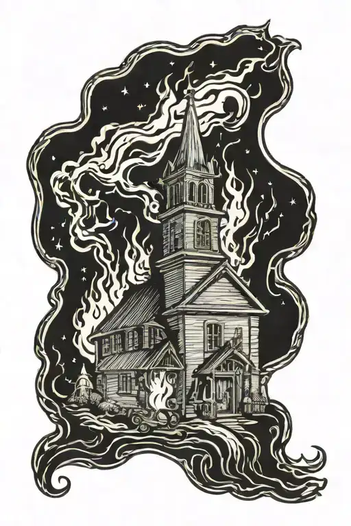 burning church and witches on pyre  tattoo design idea