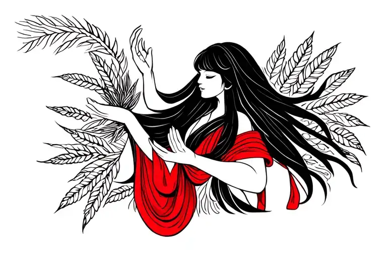 goddess  with long black hair and bangs wearing black and red clothes  rice grain in right hand and giving blessings tattoo design idea