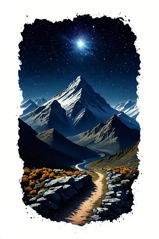 rocky road leading through mountain valley towards north star, keep design light tattoo design idea