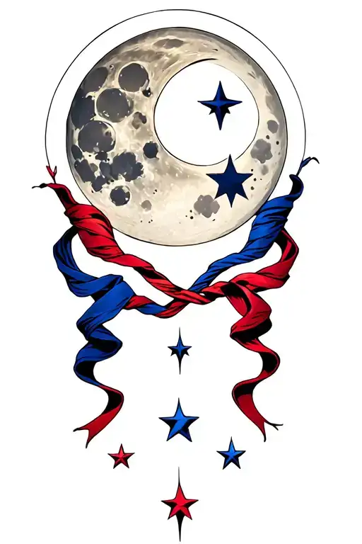  Incorporate a moon, 2 scarves one red one blue intertwined, halo above the moon, and a 3 stars beneath it  tattoo design idea