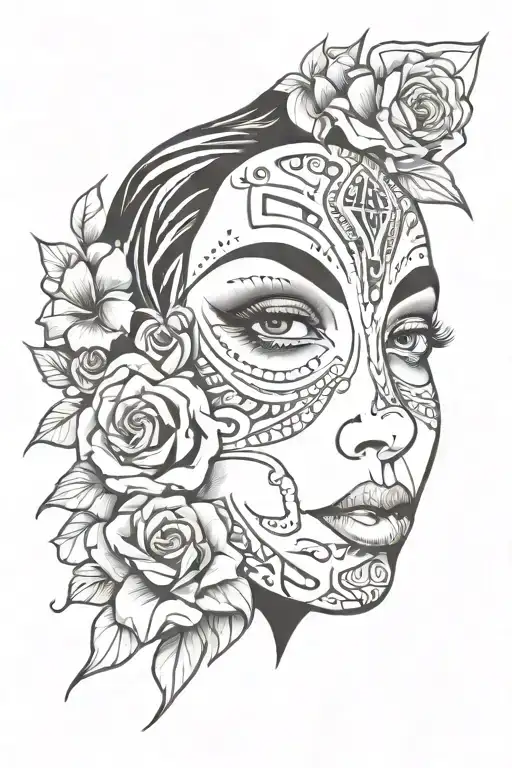 face of a mexican katrina with a human heart under her face tattoo design idea
