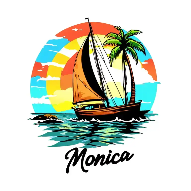 "Monica" sailboat in foreground, background full sunrise sky, small island in far background with plam vibrant colors tattoo design idea