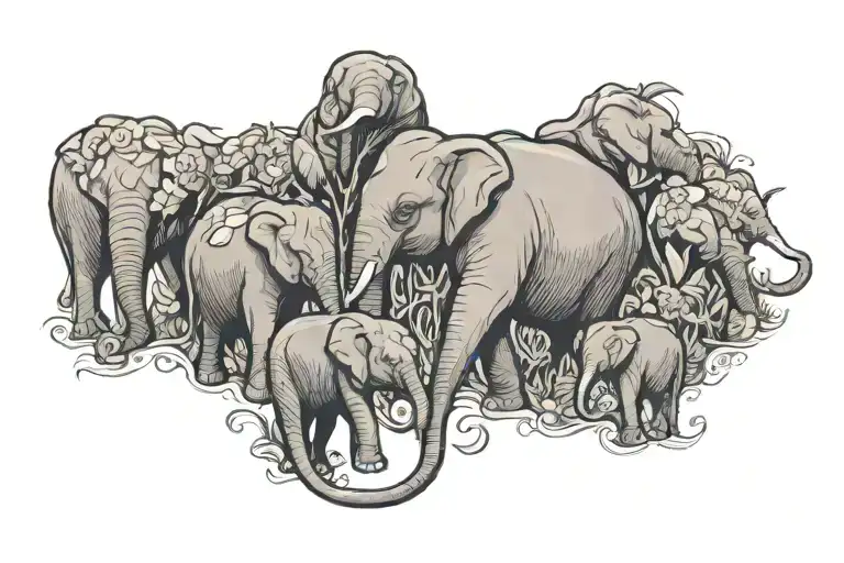 A mother elephant surrounded by her baby elephants, symbolizing the client's love for their children tattoo design idea
