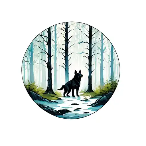A minimalist tattoo of a misty forest with a hidden German Shepherd silhouette. Dark green and blue aurora type colours tattoo design idea