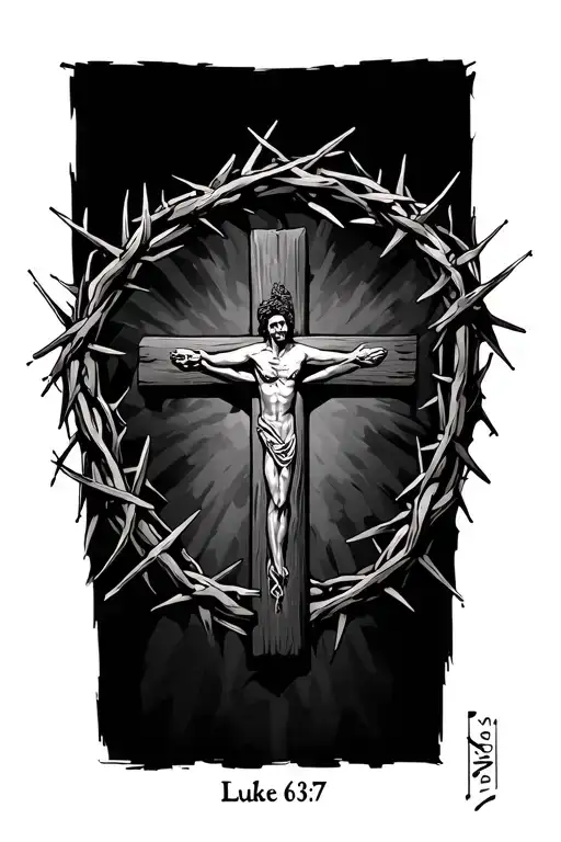 cross in crown of thorns with bible verse Luke 6:37 tattoo design idea