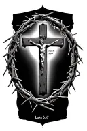 cross in crown of thorns with bible verse Luke 6:37 tattoo design idea