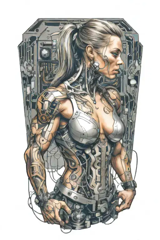 bodybuilder muscular women with technology circuits vectors merging tattoo design idea