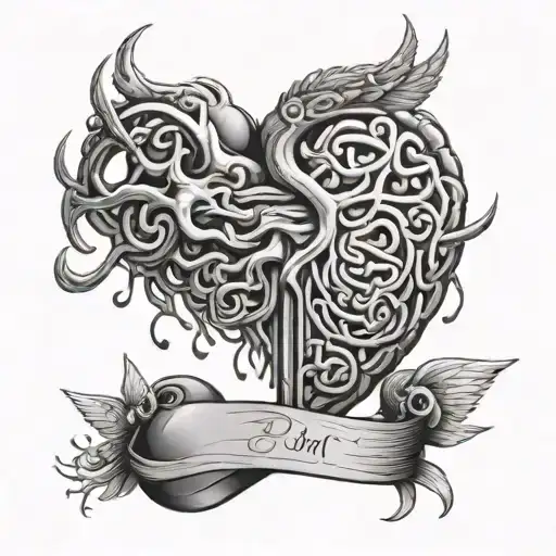 brain and heart intertwined where heart has wings and brain has horns tattoo design idea
