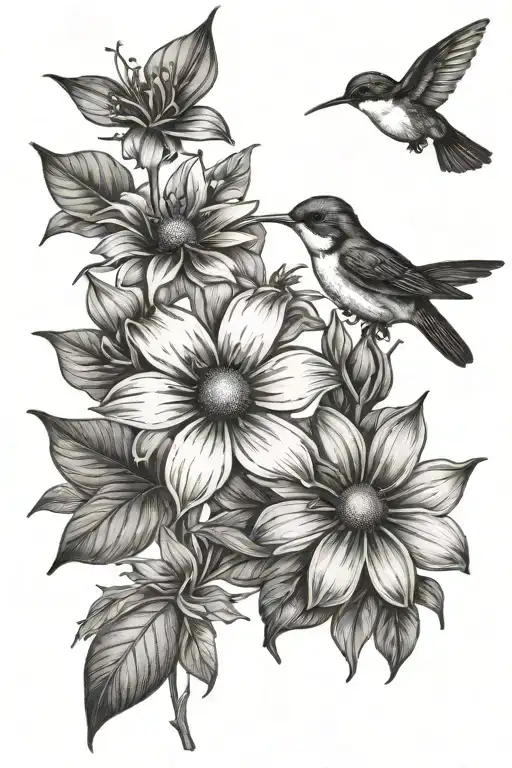 Daisy black eyed Susan iris rose and a humming bird black and white  tattoo design idea