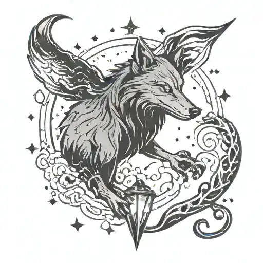 the elder wand from harry potter with a patronus charm in the shape of a wolf coming out of the wand tattoo design idea