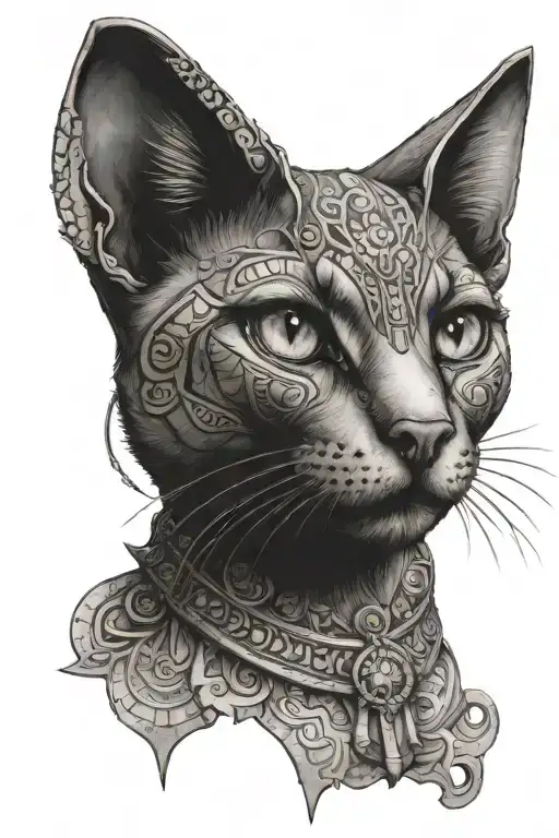 A realism tattoo of a tortoiseshell cat as bastet with ancient egyptian mandala and architecture background tattoo design idea