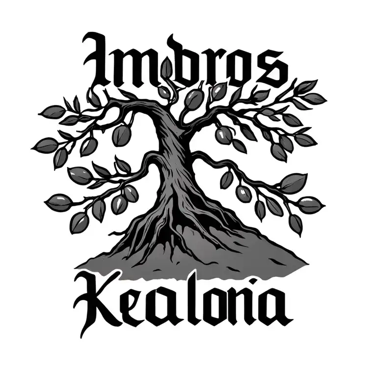 single calligraphic line, forming an olive tree, and on its branches the words 'Imbros' and 'Kefalonia' tattoo design idea