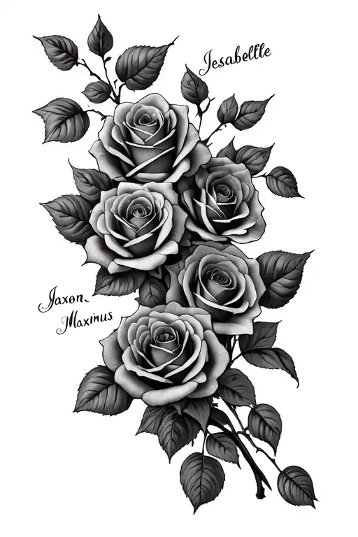 6 red roses with names (Jessabelle, Charlotte, Jaxon, Maximus, everleigh) as the vine going down an arm  tattoo design idea